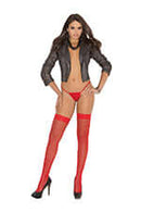 Woman wearing Elegant Moments Fishnet Thigh High Stockings in red with a seductive outfit.
