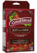 GoodHead Kit For Her in Sweet Strawberry packaging, featuring lip balm and oral gel for enhancing oral pleasure. Includes instructions and strawberry imagery