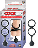 Cock ring and scrotum ring with weighted ball banger, 100% silicone, black color, in retail packaging showing product features.