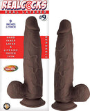 Realistic dark dildo with hard inner layer and lifelike outer skin, 9 inches long, bendable design, and body-safe dual-layered construction.