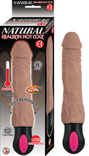 Natural Realskin Hot Cock No. 3 brown vibrating dildo with warming feature, 8" shaft, USB rechargeable, and 12 functions in box.