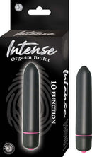 Intense Orgasm Bullet Vibrator in black with packaging, showing 10 functions for varied stimulation