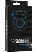 Packaging for Optimale Vibrating C-Ring in Black, featuring dual stimulation and textured silicone design for enhanced pleasure.