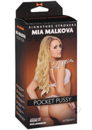 Mia Malkova Signature Stroker pocket pussy packaging box displaying product features and Mia Malkova's image.