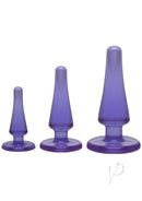 Crystal Jellies Anal Initiation Kit with three purple plugs for backdoor exploration, made of smooth, body-safe materials