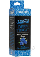 GoodHead Deep Throat Oral Anesthetic Spray Blue Raspberry (2 oz) packaging front view in blue and black with raspberries illustration.
