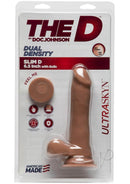 Packaging of The Slim D Firmskyn with Balls 6.5 Caramel by Doc Johnson, featuring dual density and UltraSkyn materials.