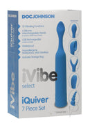 iVibe Select iQuiver 7pc Set with 6 Interchangeable Heads in Periwinkle - Box Image Showing Multi-functional Vibrator and Features