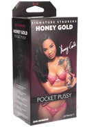 Honey Gold Signature Stroker packaging showcasing pocket pussy with lifelike ULTRASKYN material and captivating design.