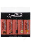 GoodHead Oral Delight Gel Desserts 5-Pack by Doc Johnson in assorted flavors, including Orange Creamsicle, Salted Caramel, Strawberry Pie, Chocolate Fudge, and Sugar Cookie