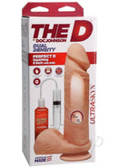 The Perfect D Squirting 8-Inch Realistic Dildo in Vanilla with packaging showing dual density and lifelike texture.
