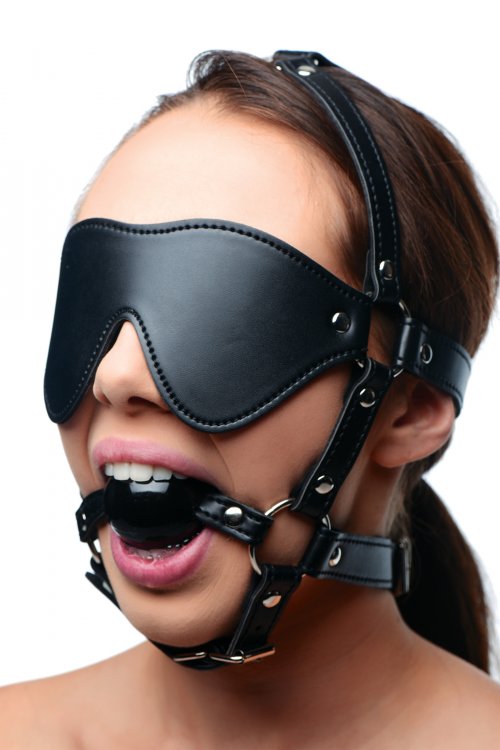 XR Brands Strict Blindfold Harness with Ball Gag at $29.99