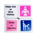 Bedroom Dice Game showing fun and naughty options for couples, including make out, give hickey, and various intimate positions.