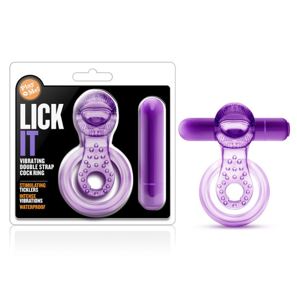 Blush Novelties Play With Me Lick It Vibrating Double Strap Cock Ring Purple at $10.99