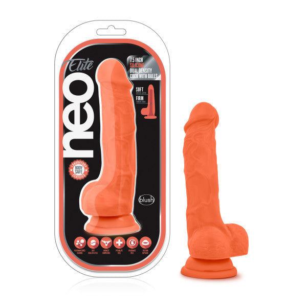 Blush Novelties Neo Elite 7.5 inches Silicone Dual Density Cock with Balls Neon Orange from Blush Novelties at $32.99