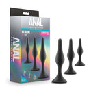 Anal Adventures Beginner Plug Kit with three smooth, tapered plugs and packaging from Blush Novelties.