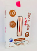 Packaging of NU Sensuelle Joie Rose Gold Bullet Vibrator, featuring 15 functions, rechargeable design, and a discreet, petite form.