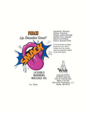 "Smack Peach Warming Massage Oil 2 oz bottle label with lip design and ingredients list"