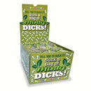 Colorful display of Suck A Bag Of Minty Dicks breath mints, featuring humorous packaging with penis-shaped mint graphics.