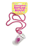 Super Fun Shot Glass Necklace with hot pink metallic chain and playful penis shot glass design. Perfect for party fun and sipping stylishly.