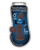 Fleshstixx 6-Inch Silicone Dildo in Chocolate Brown packaging, bendable and thermo reactive with suction cup and harness compatibility.