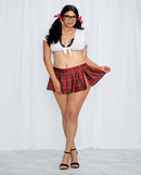 Queen size schoolgirl lingerie set featuring a lace crop top and plaid mini skirt for playful role-play scenarios.