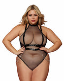 FISHNET TEDDY & FAUX-LEATHER HARNESS SET BLACK Q/S-0