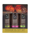 Earthly Body's Edible Oil Massage Gift Set with three 2oz bottles of natural hemp seed massage oils in a luxurious gift box