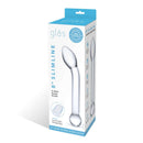 8-inch Slimline G-Spot Glass Dildo packaging by Glas, featuring hand-blown glass for precision pleasure and satin storage bag.