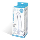 Packaging of Glas 7-Inch Realistic Curved Glass G-Spot Dildo showcasing the product's sleek design and features.
