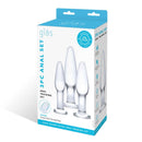 Box of Glas 3 Piece Glass Anal Training Set showcasing handcrafted plugs for pleasure and anal training.