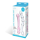 2 Piece Double Pleasure Glass Dildo Set from Glas in packaging featuring two uniquely designed glass dildos