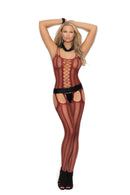 Woman in a seductive vertical striped bodystocking, showcasing sophistication and sensuality in deep red hues.