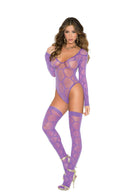 Elegant Moments purple long sleeve teddy set with thigh high stockings, featuring a hexagon pattern for a stunning look.