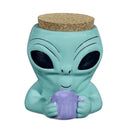 Ceramic teal alien stash jar with lavender mug and cork lid, perfect for 420 parties and storing herbs.