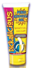 Banana-flavored Dickalicious Penis Arousal Gel 2 oz tube for enhanced intimate moments.