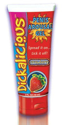 Dickalicious Penis Arousal Gel Strawberry 2oz tube, highlighting its playful flavor and tingling sensation for enhanced intimacy.