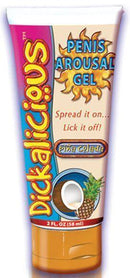 Dickalicious Penis Arousal Gel in Pina Colada flavor, 2 oz tube, promotes excitement and enjoyment.