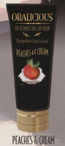 Oralicious Peaches & Cream Oral Sex Cream bottle featuring a peach illustration and playful text.