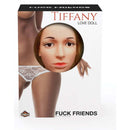 Fuck Friends Tiffany Inflatable Love Doll with Vibrating Vagina packaging featuring lifelike face and body details.