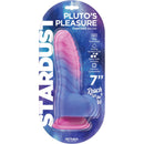 Stardust Fantasy Dildo, Pluto's Pleasure 7-Inch Silicone Dildo in packaging, features raised bumps and grooves for heightened pleasure.