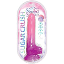 Cotton Candy Sugar Crush Silicone Dildo in packaging, 8-inch, pink and purple gradient for delightful adult play.