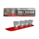 Ski Shot Glass Set by Kheper Games with four glasses on a red ski board in original packaging.