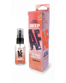 Deep AF Numbing Throat Spray 1oz with peach flavor, designed for gag reflex relief, presented with packaging.