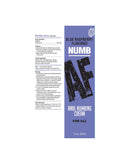 Numb AF Blue Raspberry Flavor Anal Desensitizing Gel 1.5 Oz packaging with product details and ingredients.