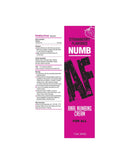 Numb AF Strawberry Flavor Anal Desensitizing Gel 1.5 Oz packaging with detailed product information.
