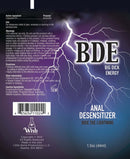 BDE Anal Desensitizer Big Dick Energy 1.5 Oz product packaging featuring lightning design and usage information.