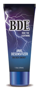 BDE Anal Desensitizer Big Dick Energy 1.5 Oz tube with lightning design for enhanced comfort during anal play.