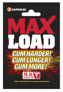 MaxLoad Herbal Supplement 2 Capsules Mens Support packaging with bold text for energy and performance.