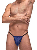 Man wearing Diamond Mesh Posing Strap in navy, showcasing style and sex appeal.